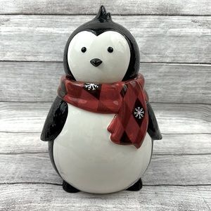Harry & David VTG Penguin Cookie Jar w/ Plaid Scarf 12" H